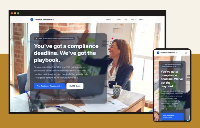 The DefenseCompliance.ai website on a laptop screen and a phone