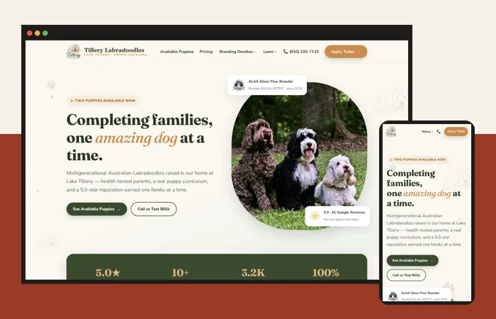 The Tillery Labradoodles website on a laptop screen and a phone